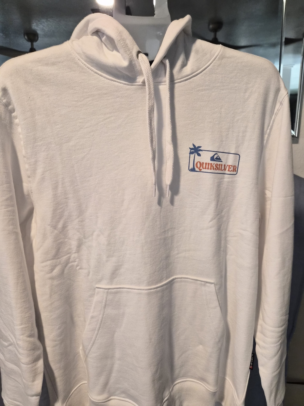 Quiksilver Men's White Hoodie with Blue and Orange Logo